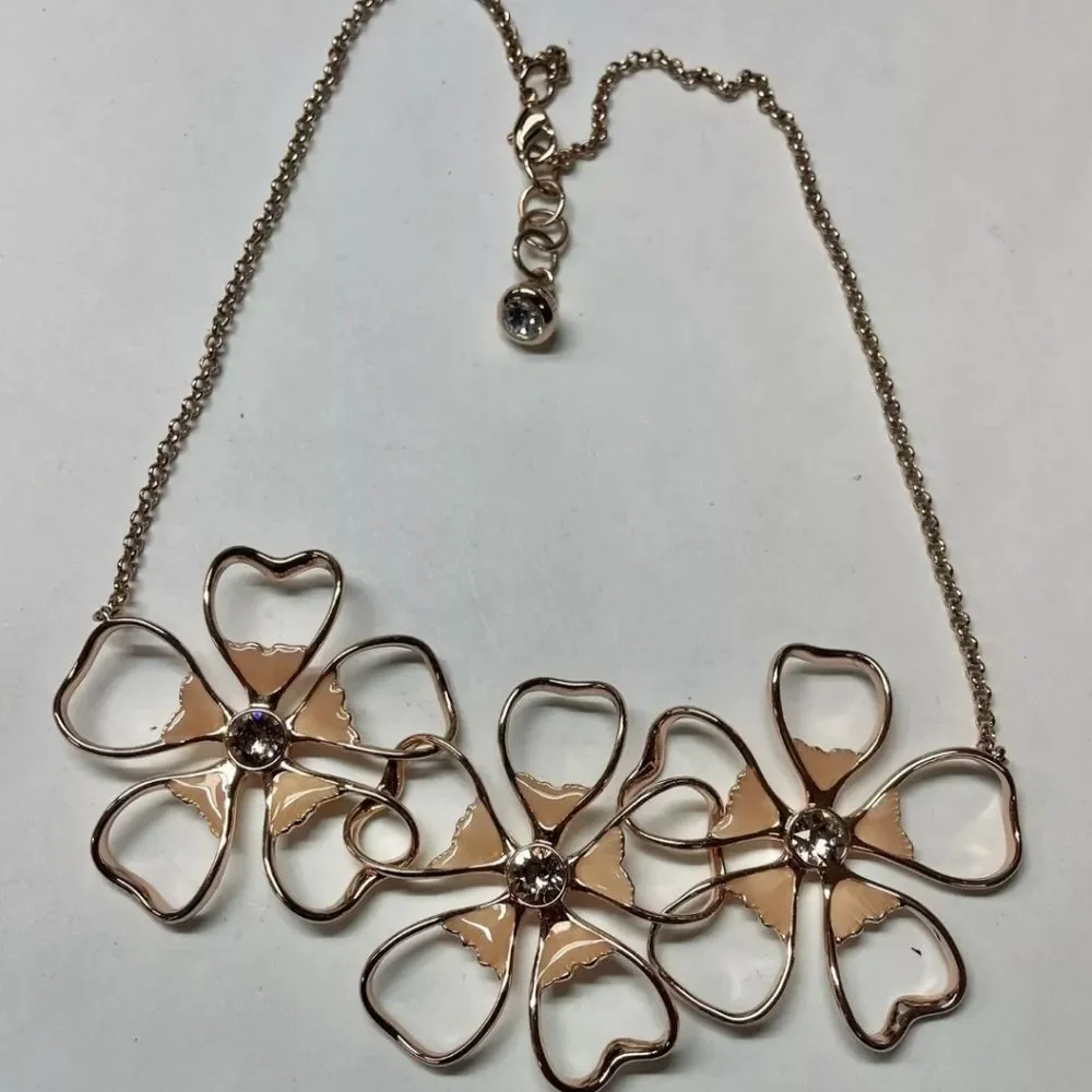 Ted Baker Statement Necklace Rose Gold Flower Crystal Signed EUC